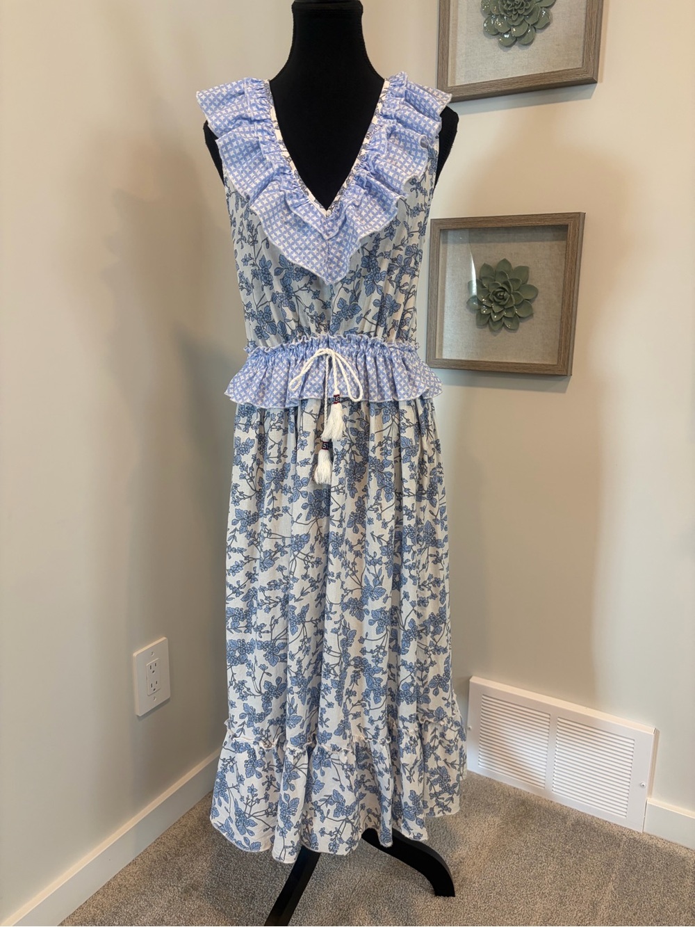 Magari Made in Italy Floral Cotton Midi Dress with Ruffles/Waist Tassel Tie EUC